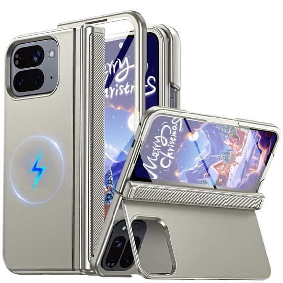 Oupeigar for Google Pixel 10 Pro Fold Phone Case,with Hinge Protection,Hidden Kickstand,Screen Protector,Slim Shockproof Phone Case-Titanium