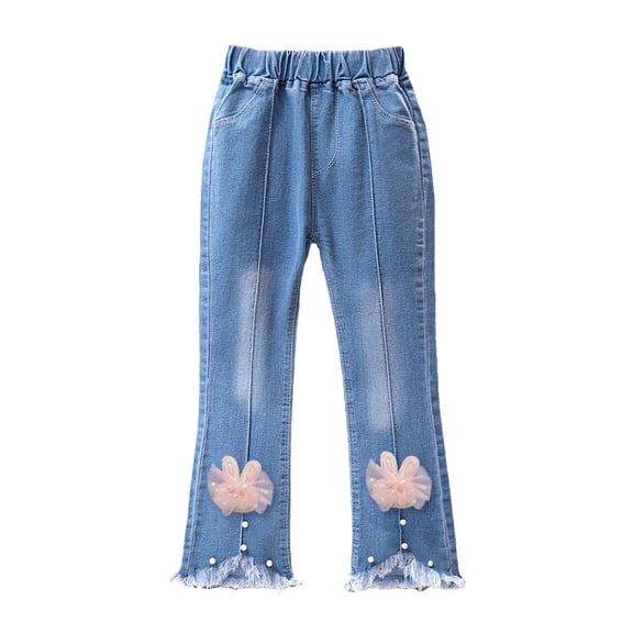 SUXIAN Girls Pants Pearl Bow Embroidered Wide Leg Denim Jeans Elastic Waist Casual Jeans For Girls Sky Blue 2-3 Years