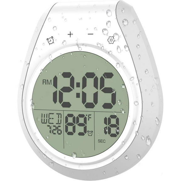 Shower Clock Waterproof, Bathroom Clock with Temperature & Shower Timer, Small Digital Wall Clock Battery Operated with Suction Cup and Hanging Hole for Kitchen