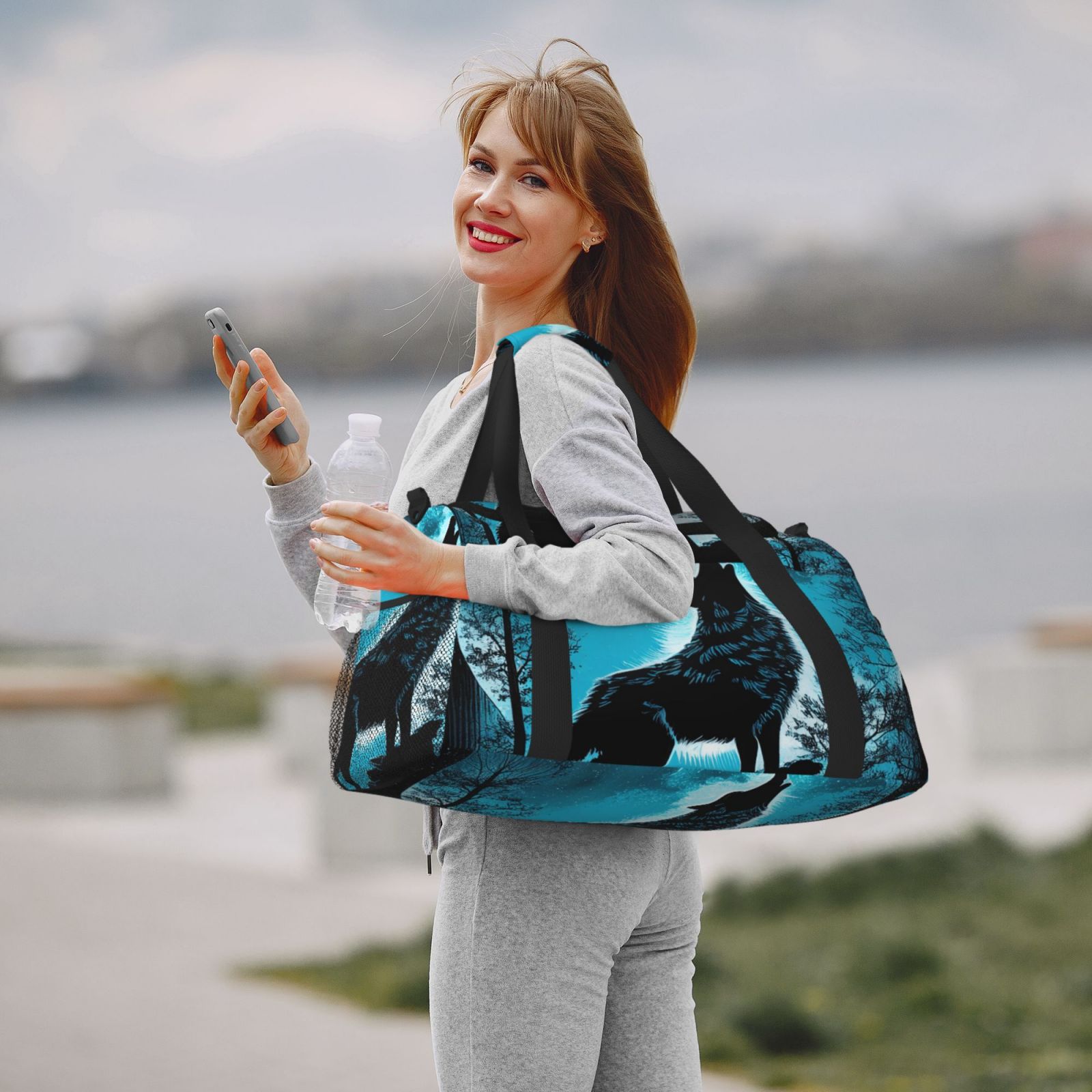 Kuqiui Blue Full Moon Wolf Print Foldable Travel Duffel Bag Tote Carry on Luggage Bag Personal item Sports Gym Bag Water Resistant Weekender Overnight Bags for Women and Men