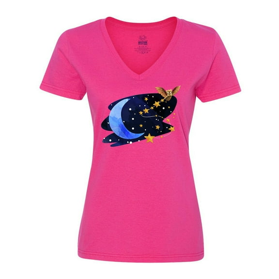 Inktastic Owl Decorating the Night with Moon and Stars Women's V-Neck T-Shirt