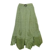 Mogul Women's Skirt Green Embroidered Stonewashed Stylish Long Skirt