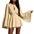 thumbnail image 2 of Karymi Solid Satin Romper Dress, Crew Neck Front Keyhole Cutout Bell Long Sleeve A-Line Mini Dress with Adjustable Self Tie Waist Layered Hem Summer Dresses for Women 2026, 2 of 9