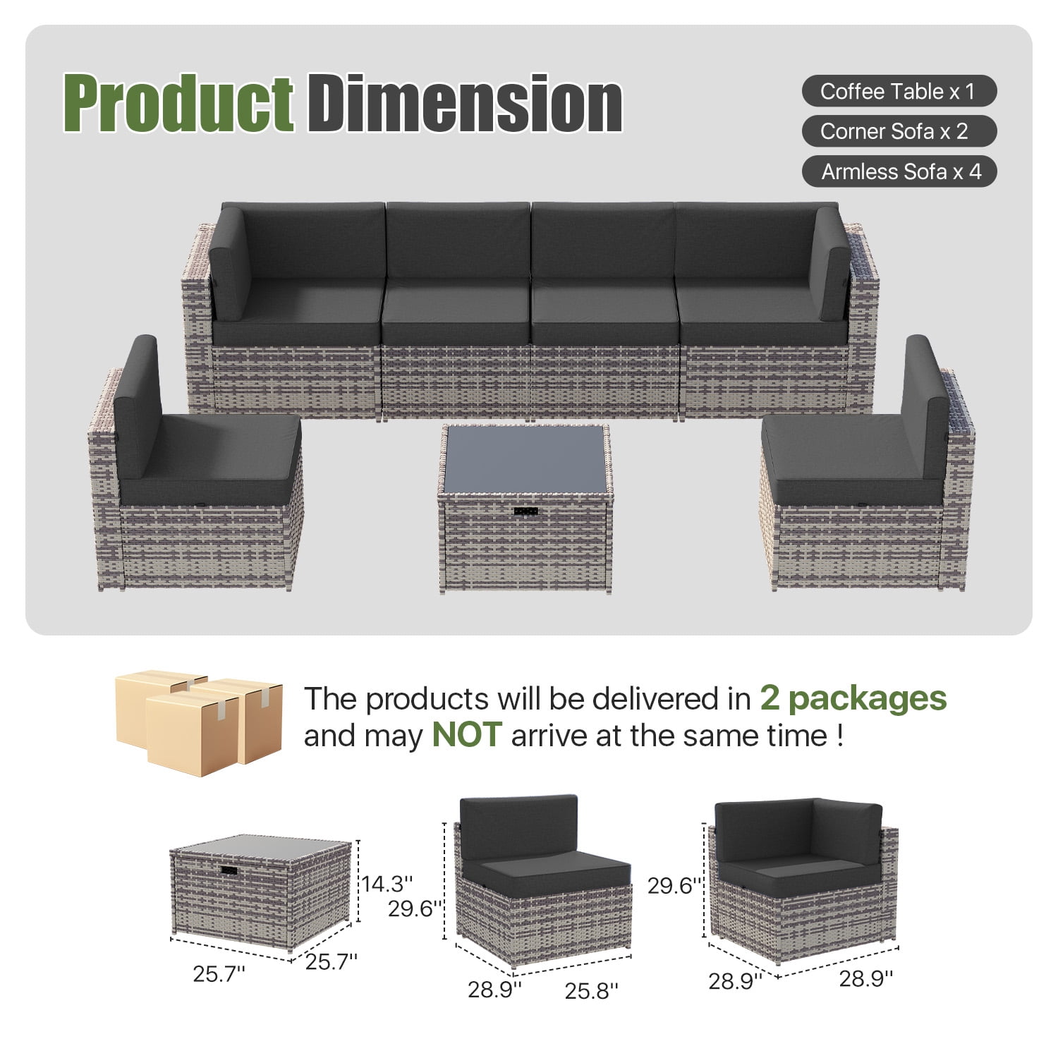 BaPiPro 7-Piece Outdoor Patio Furniture Set, Gray Wicker Rattan Sectional Sofa with Black Cushions & Coffee Table, All-Weather for Backyard, Porch, Deck, Balcony