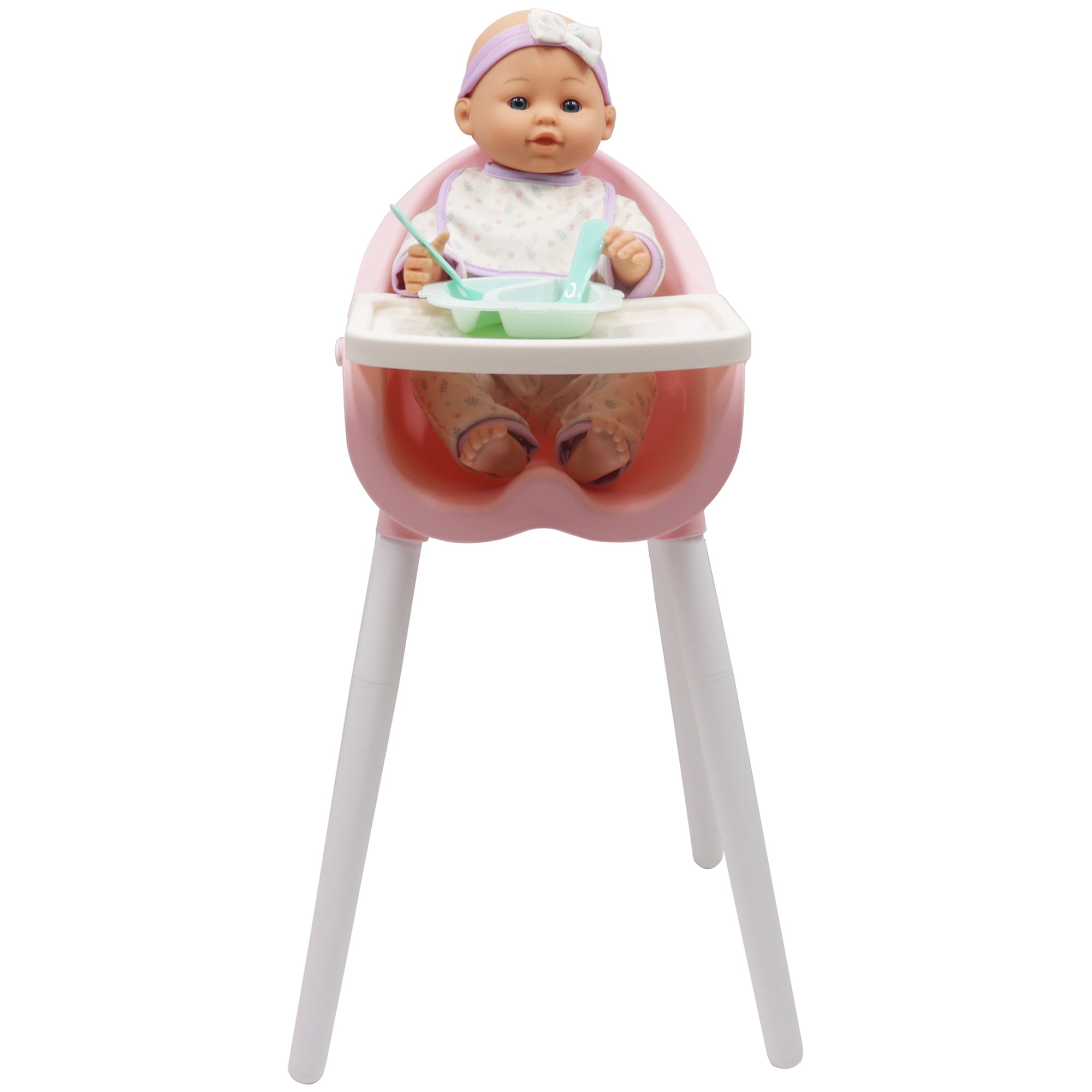 Dream Collection: 14" Baby Doll & High Chair Playset - White-Purple Onesie, Headband & Bib, Pink Feeding Chair, Toy Care Accessories, Kids-Toddlers 2+