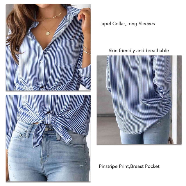 Chemisier Cardigan Décontracté à Col à Revers et Rayures pour Femmes Automne avec Boutons Manches Longues Poche Poitrine