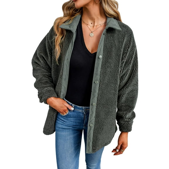 Women's Gray Corduroy Trim Elbow Patch Sherpa Jacket - [ZhiHiMeRi] | (US 4-6)S,Gray