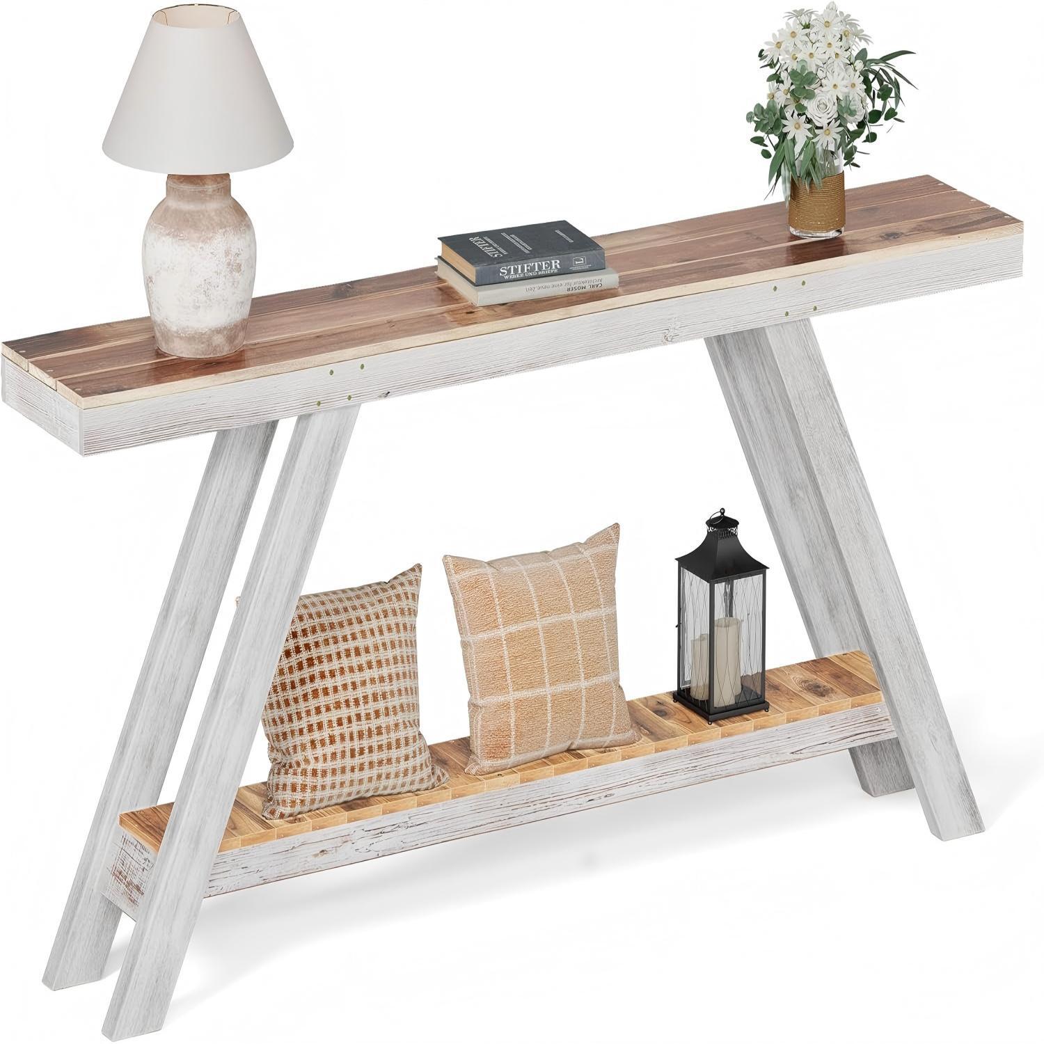 Easy4Home 60" A-Frame Rustic Wood Console Table Hand-Made, White