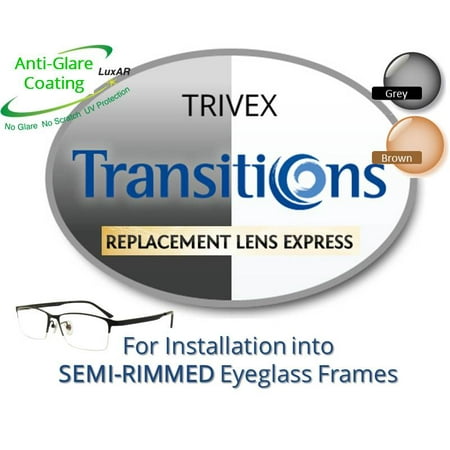 Single Vision Transitions Trivex Prescription Eyeglass Lenses, Left and Right (One Pair), for installation into your own Semi-Rimless (grooved) Frames (Anti-Scratch & Anti-Glare Coating Included)
