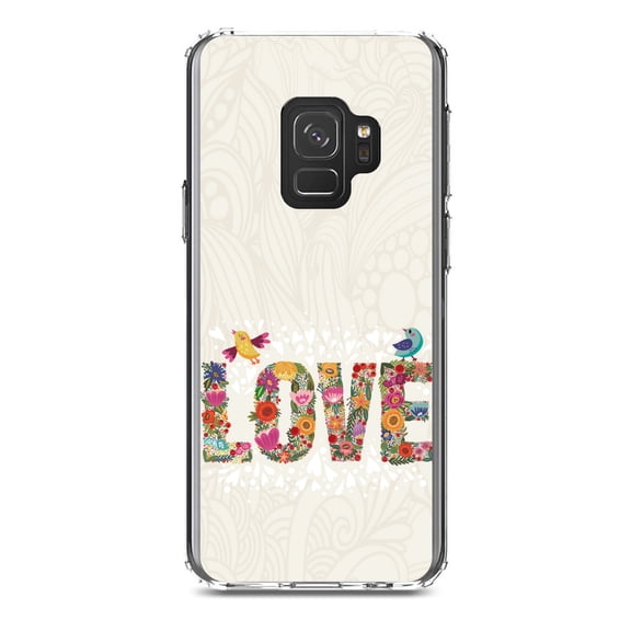DistinctInk Clear Shockproof Hybrid Case for Samsung Galaxy S9 (5.8" Screen) - TPU Bumper, Acrylic Back, Tempered Glass Screen Protector - Spring Collection - Floral LOVE Birds
