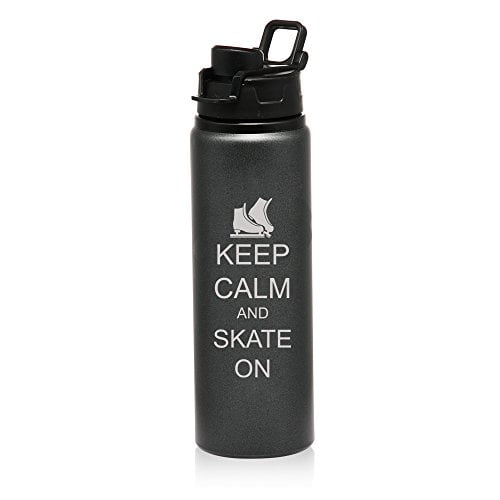 25 oz Aluminum Sports Water Travel Bottle Keep Calm And Skate On Ice Skates (Charcoal) by