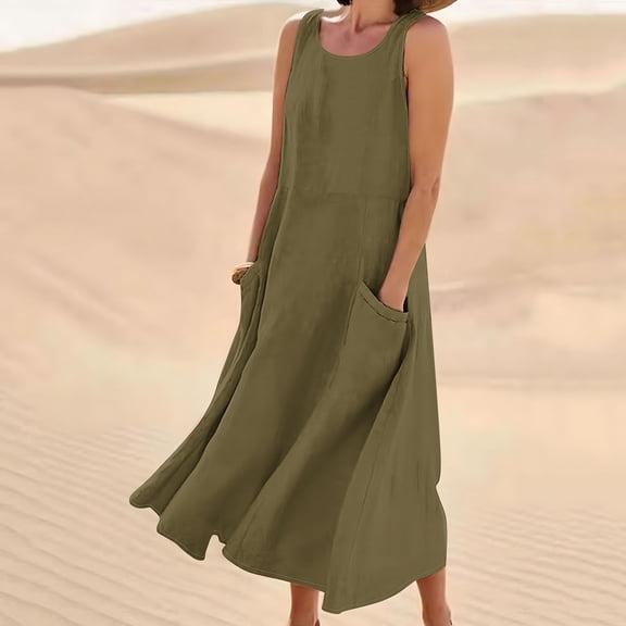 Fartey Cotton Linen Dreeses for Women Summer Sleeveless Crew Neck Tank Dress Loose Flowy Beach Dress Solid Color Maxi Sundress with Pockets Army Green S-3XL