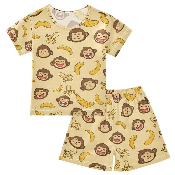 joogoo Cute Monkey Banana Pattern Pajama Sets Short Sleeve Cotton 2-Piece Sleepwear 10Y