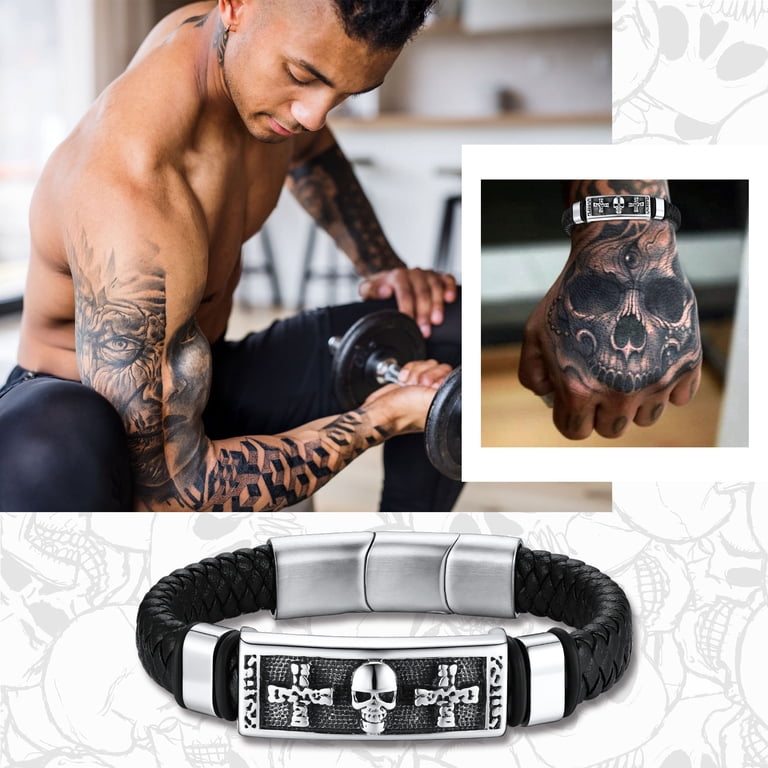 Bestyle Men's Leather Bracelet Gothic Punk Skull Cross Tag