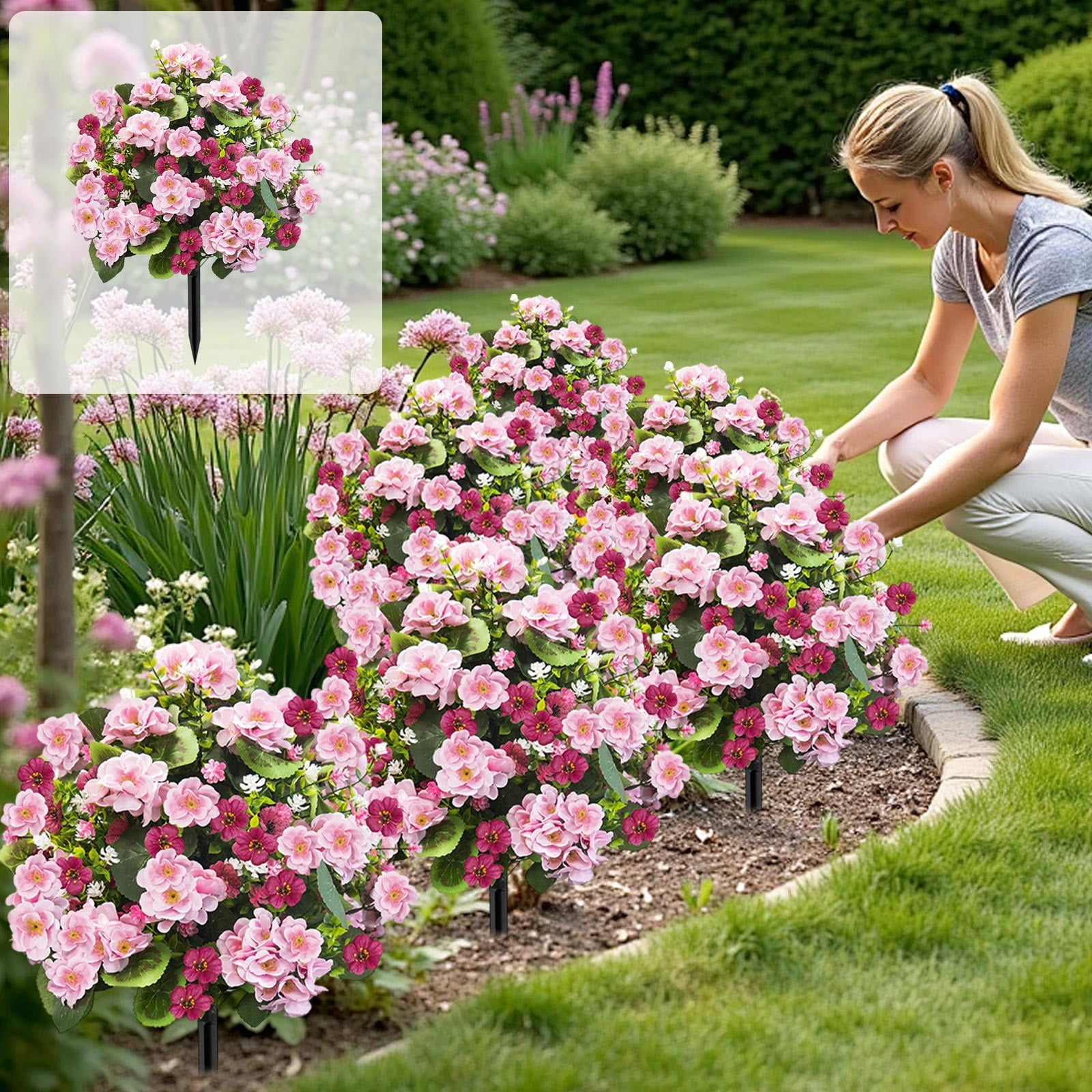 Roiihwy Artificial Summer Flowers Outdoor Decorations Fake Flowers plants, Silk Flowers for Wedding Decor, UV Resistant Wildflowers Bouquet for Home plantser Porch Patio Yard Decor(Pink)