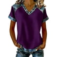 thumbnail image 2 of Women T Shirt Casual Short Sleeve T Shirt with Denim Collar Loose Fit V Neck Top Everyday Wear Tops for Women Trendy Purple M, 2 of 4