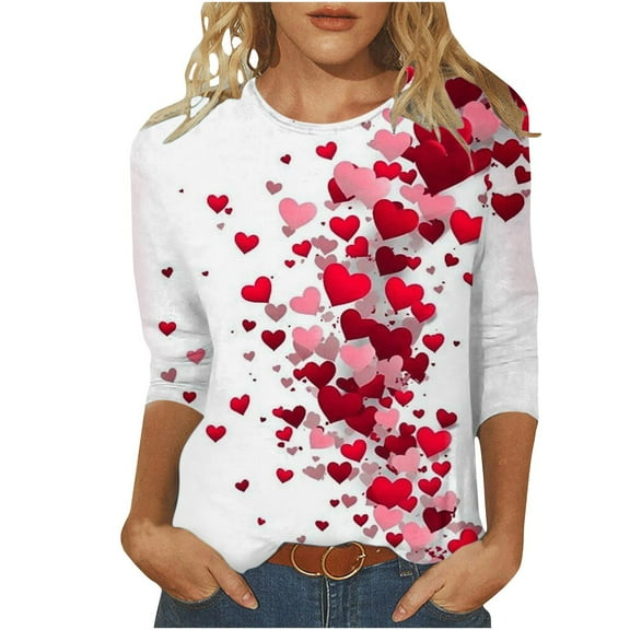 Plus Size T-Shirts Womens Valentines Day Tops Gradient Cute Heart Print Tee Trendy 3/4 Sleeve Gifts