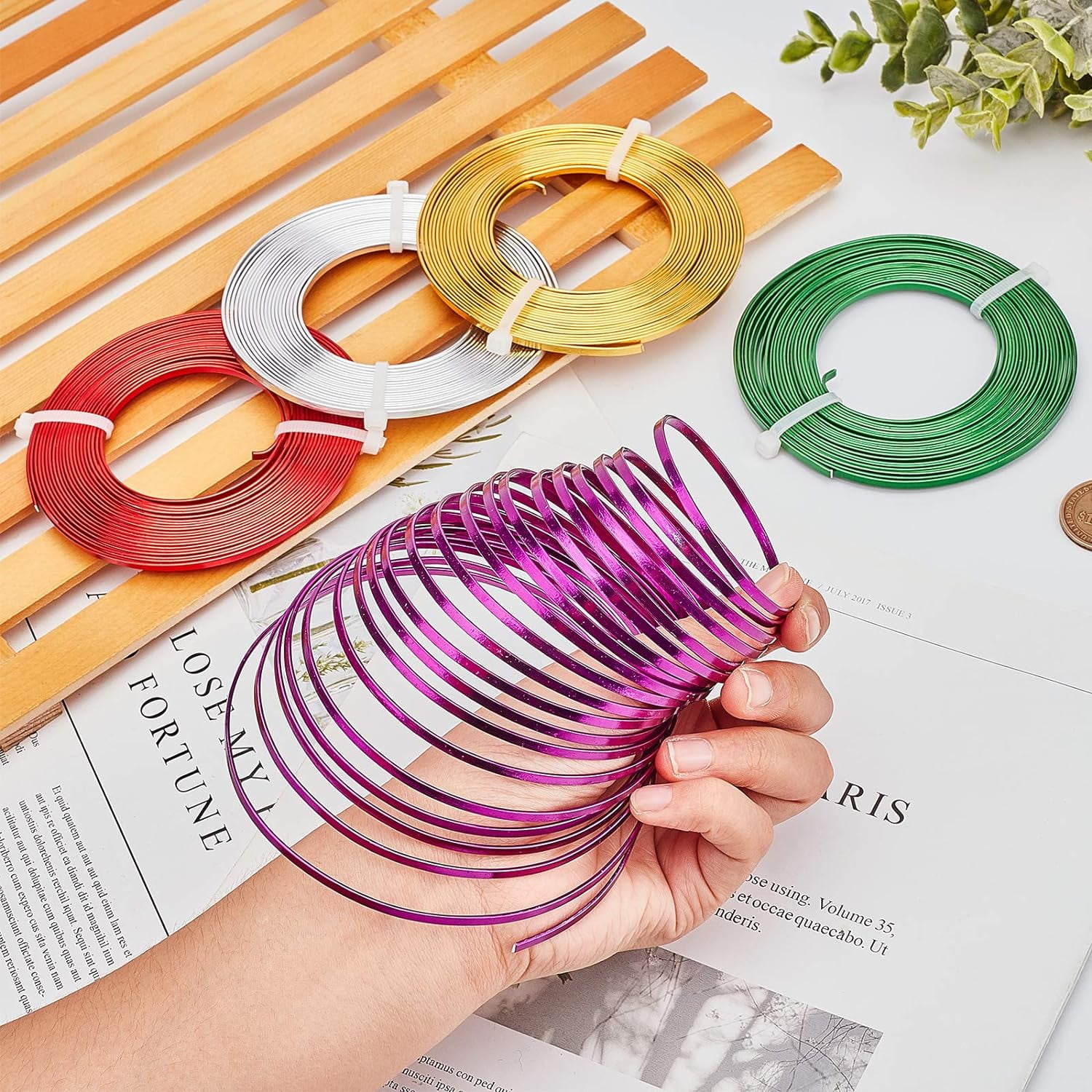 82 Feet 5 Rolls Mixed Color 3mm Wide Silver Flat Jewelry Craft Wire 18 Gauge Gold Aluminum Wire for Bezel Sculpting Jewelry Making DIY