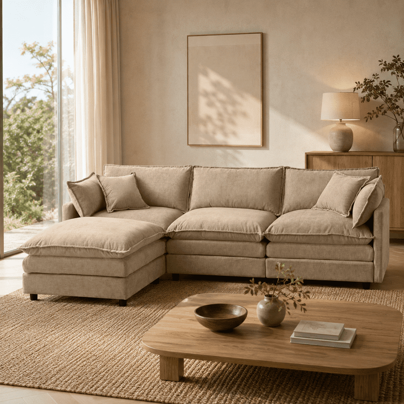 105" Modular Sectional Couch, 3-Seater Soft Chenille L-Shaped Sofa with Ottoman, Upholstery Sofa Couch with Pocket Coil & High-Density Foam for Living Room