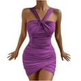 thumbnail image 2 of Usmixi Dresses for Women 2023 Night Party Club Sexy Off Shoulder Ruched Bodycon Halter Mini Dresses Sleeveless Halter Solid Summer Short Sun Dress Purple XXXL Clothes, 2 of 7
