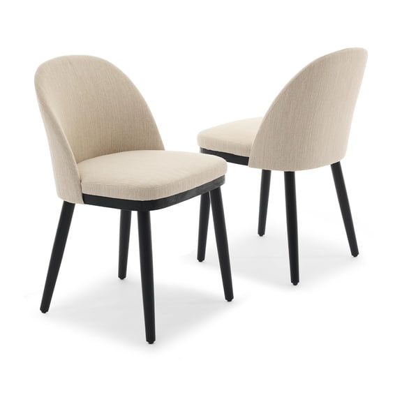 Modern Minimalist Upholstered Dining Chairs Set of 2, Curved Backrest with Solid Wood Legs, Linen Fabric Padded Seat for Kitchen Dining Room, Beige