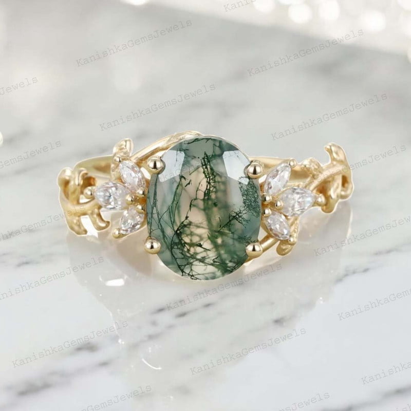 KANISHKAGEMS&JEWELS 2Ct 8x6mm / Natural Moss Agate Engagement Ring CZ Diamond Twig Ring Nature Inspired Women Jewelry Proposal Gift Ring for Lover