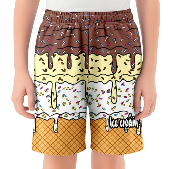 LIIPEE Girls Boys Baseball Shorts Waffle Ice Cream Printed Elastic Waist Shorts With Pockets Casual School Shorts,Brown,2-3 Years