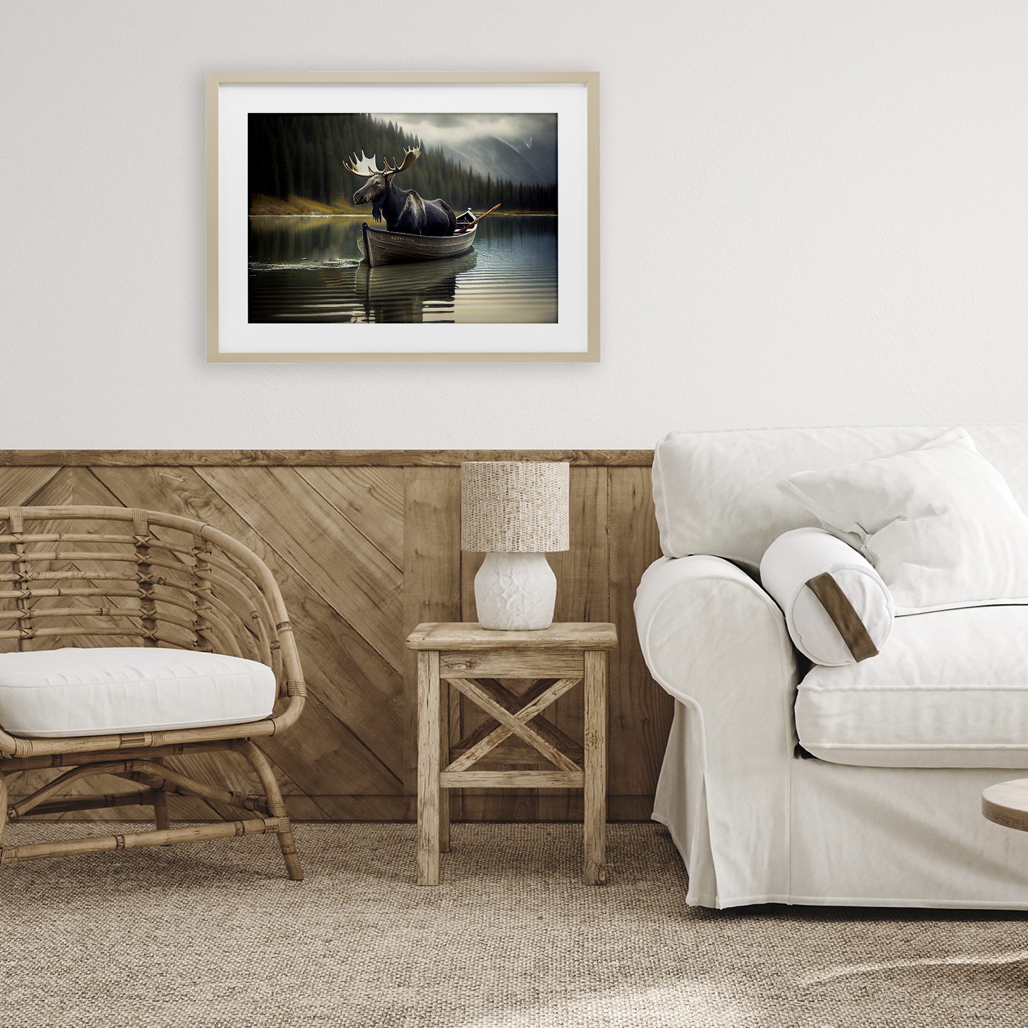 Moose in Canoe Tranquility Birch Framed Print Under Glass, design by Sasha