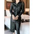 thumbnail image 2 of Vestido de cuero negro ajustado para mujer, otoño invierno 2023, cuello tipo polo, botones plegables, elegante, coreano, cintura alta, manga larga, sexy, 2 of 5