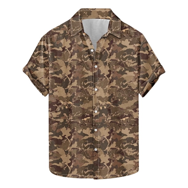 Camuflaje de los Hombres Impresa Camisa de Solapa, Moda de Manga Corta con Tejido Elástico para la Playa Casual Y el Uso de la Fiesta, Blusa Elástica Suave
