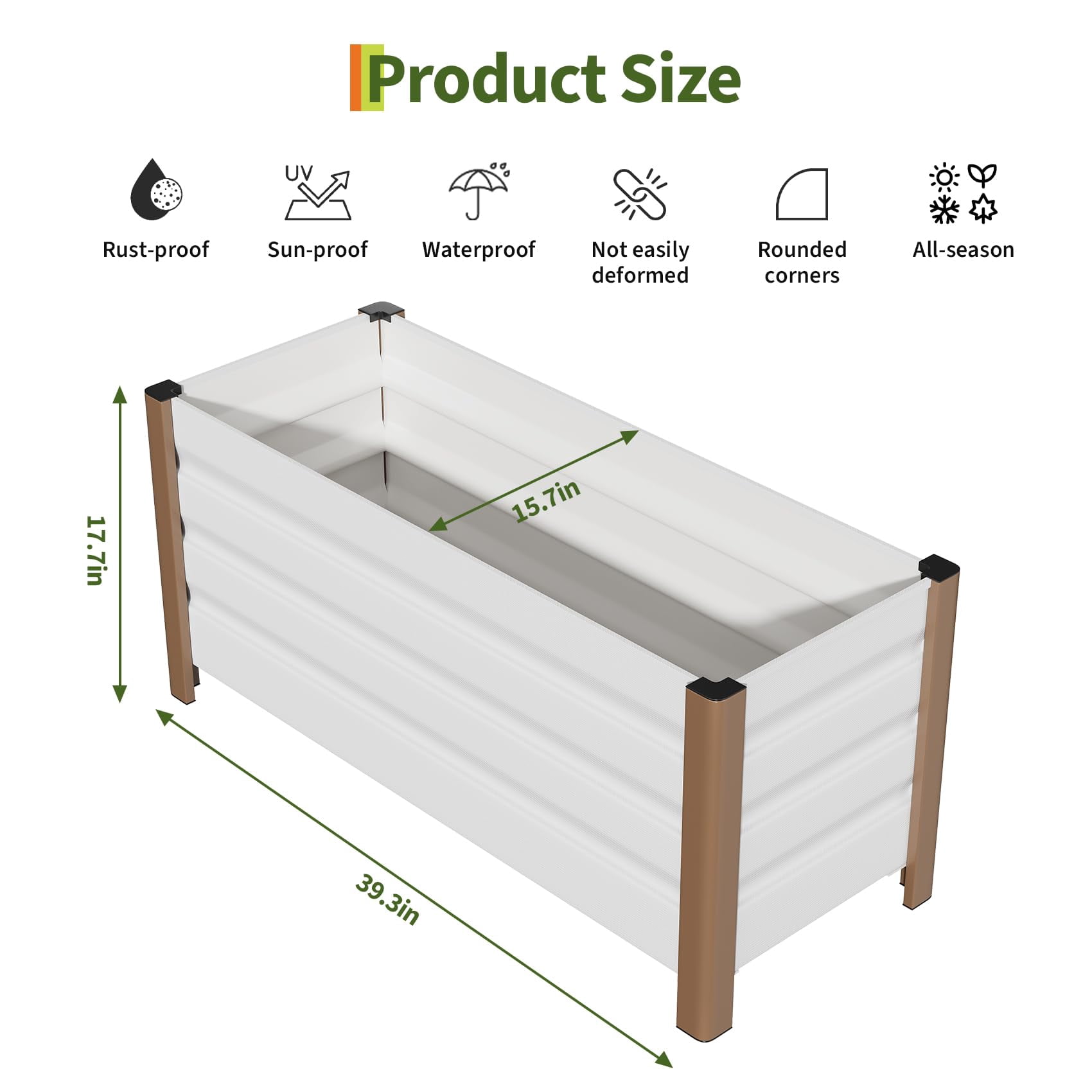 Garvee Aluminum Planter Box, Raised Garden Bed with Drainage Holes, 39.3" x 15.7" x 17.7", White