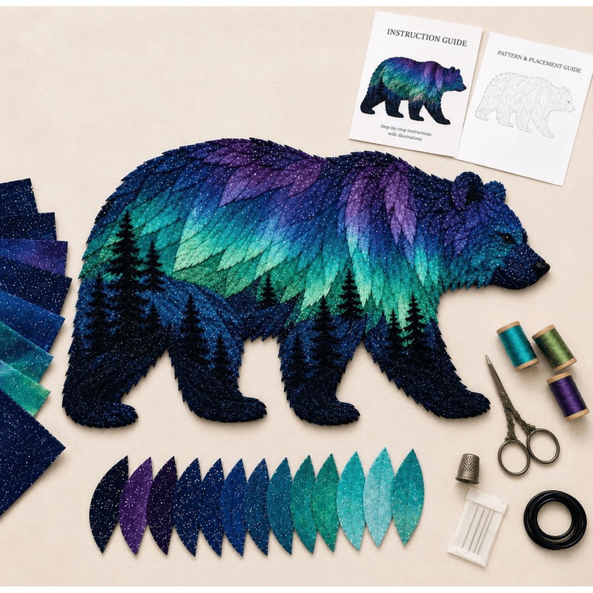 Northern Lights Wildlife DIY Patchwork Kit, Aurora Grizzly Bear Fabric Applique Sewing Craft Set for Home Wall Art Decor,Bear
