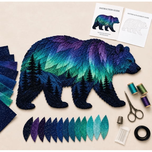 Northern Lights Wildlife DIY Patchwork Kit, Aurora Grizzly Bear Fabric Applique Sewing Craft Set for Home Wall Art Decor,Bear