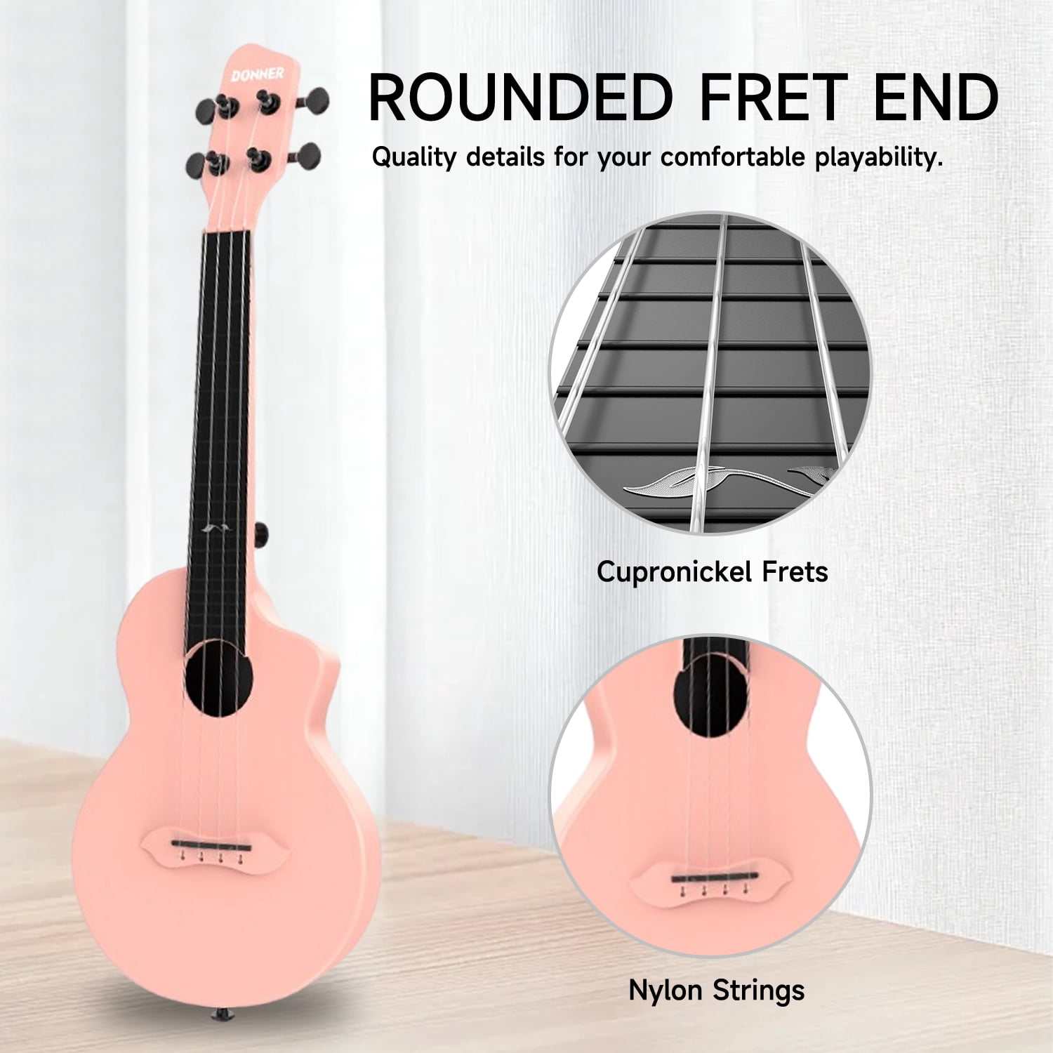Donner 23’’ Carbon Fiber Travel Ukulele with Beginner Kit with Bag, Pink