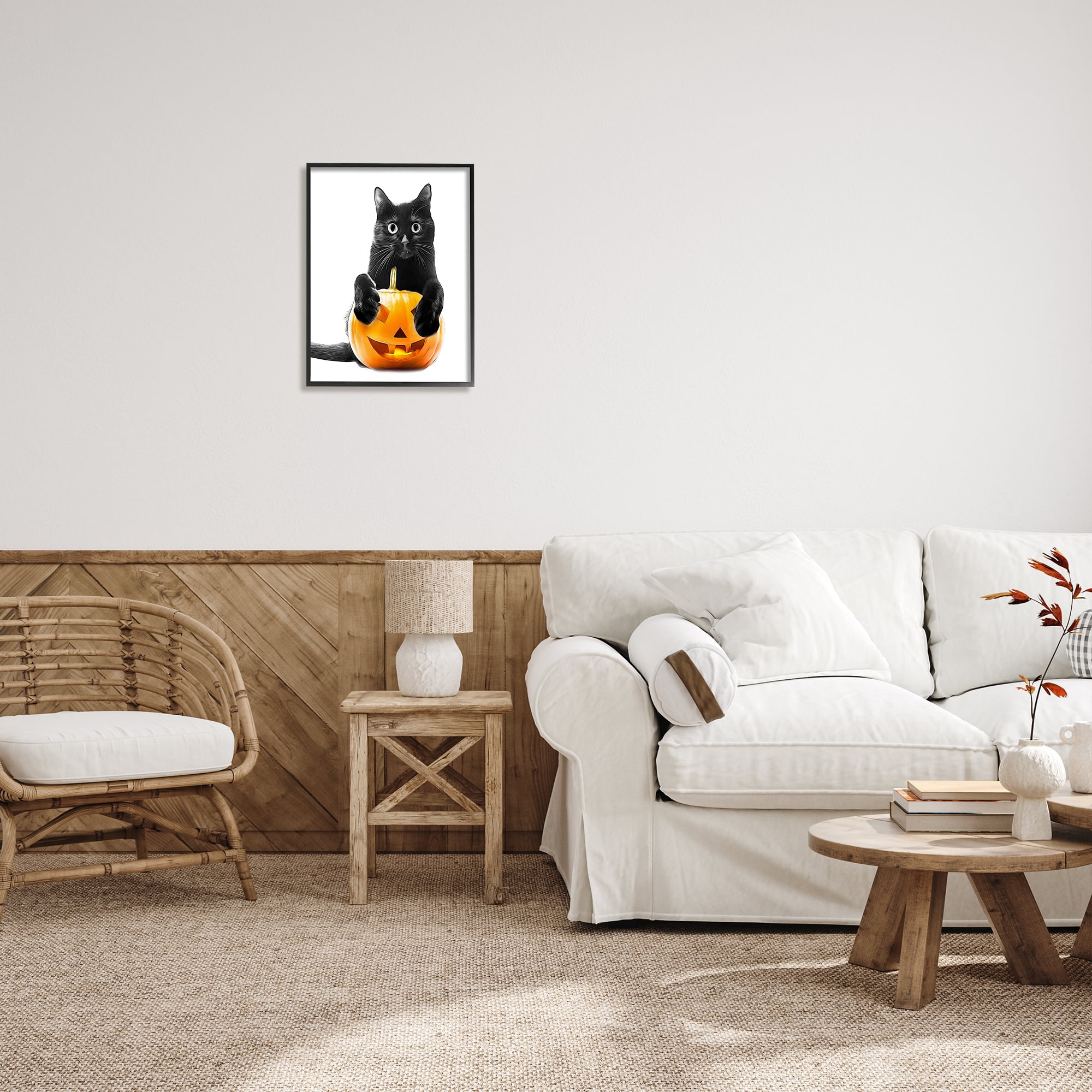 Stupell Industries Black Cat & Jack-o-Lantern Holiday Painting Black Framed Art Print Wall Art, 16 x 20