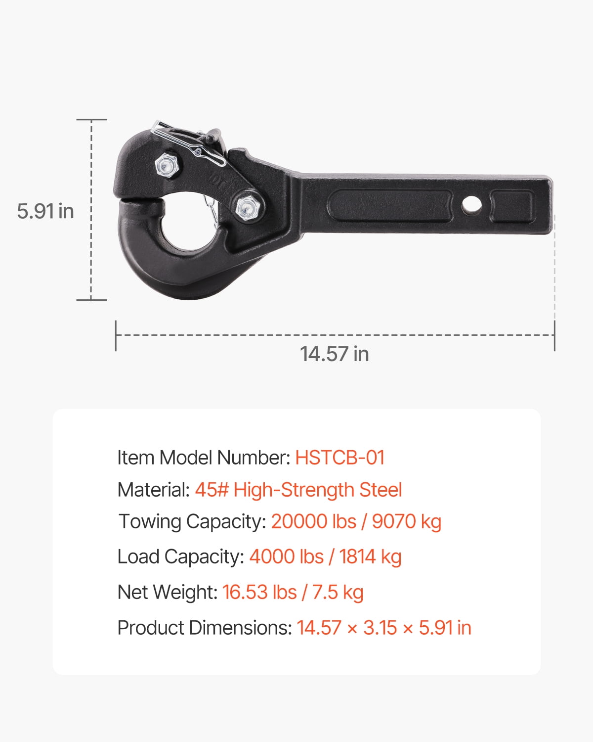 VEVOR Pintle Hook, 20000 lbs Towing Capacity, Pintle Hitch Receiver for 2-inch Hitch Hook Military Receiver, Fits 2.5 to 3-inch Lunette Ring, 15.6-inch Length, Black Powder Coat, for Various Trailers