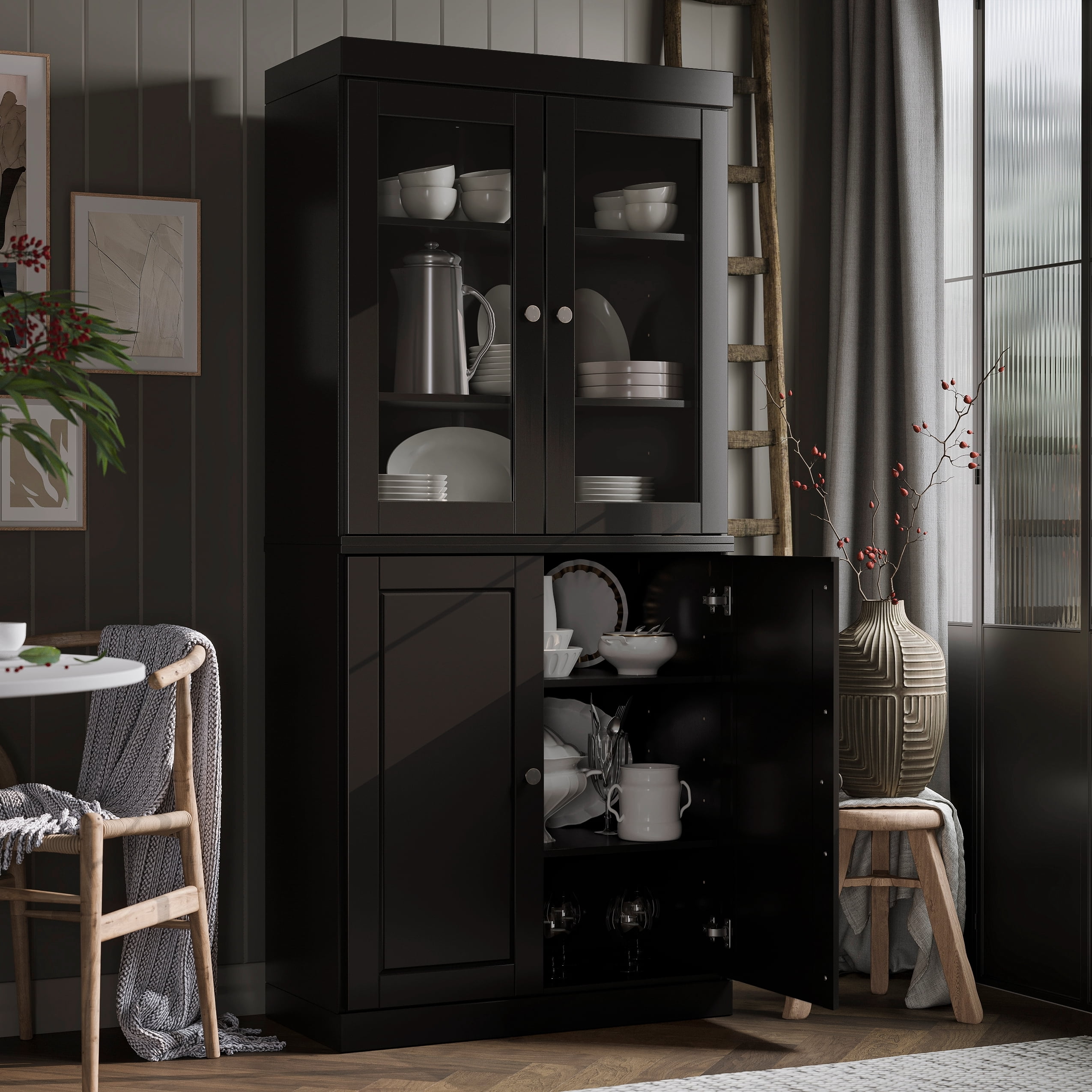 Palace Imports 100% Solid Wood Kitchen Pantry Storage Cabinet with Glass & Raised Panel Doors and Adjustable Shelves, 4-Door, Black