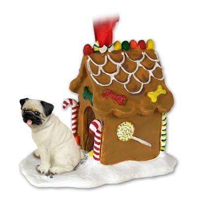 Pug Christmas Ornament - fawn pug dogs gingerbread house christmas ornament