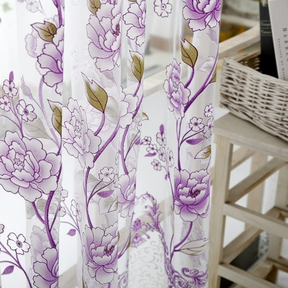 Fdelink Curtain Peony Sheer Curtain Tulle Window Treatment Voile Drape Valance 1 Panel Fabric Purple
