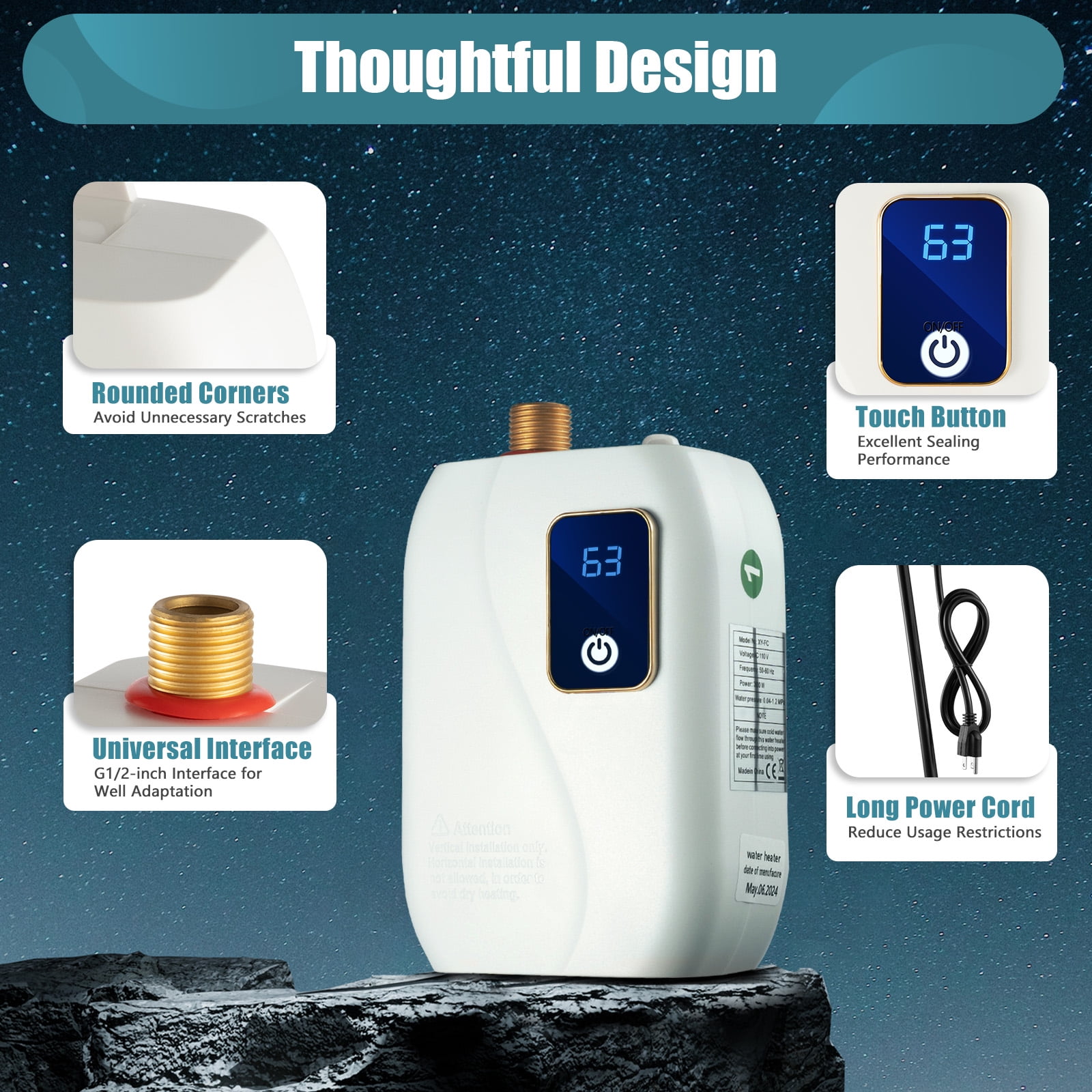 3000W Mini Electric Water Heater, Under Sink Instant Water Heater with 3.44ft Power Cord for Kitchen 110V