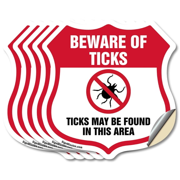 Beware Of Ticks Shield Sign Ticks May Be Found In This Area (5 Pack) 6 inch X 6 inch Shield Shaped Heavy Duty 3.2 mil Vinyl Decals Weather Resistant, UV Protected for Workplace Made in