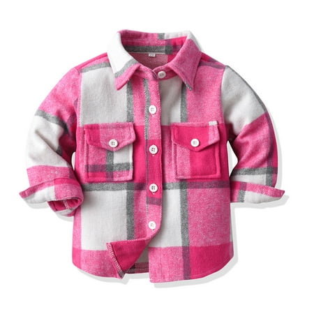 

IBTOM CASTLE Toddler Kids Boys Girls Plaid Flannel Shirt Jacket Long Sleeve Lapel Button Down Pocketed Shirts Regular Fit Casual Fall Winter Coat 2-3 Years Hot Pink
