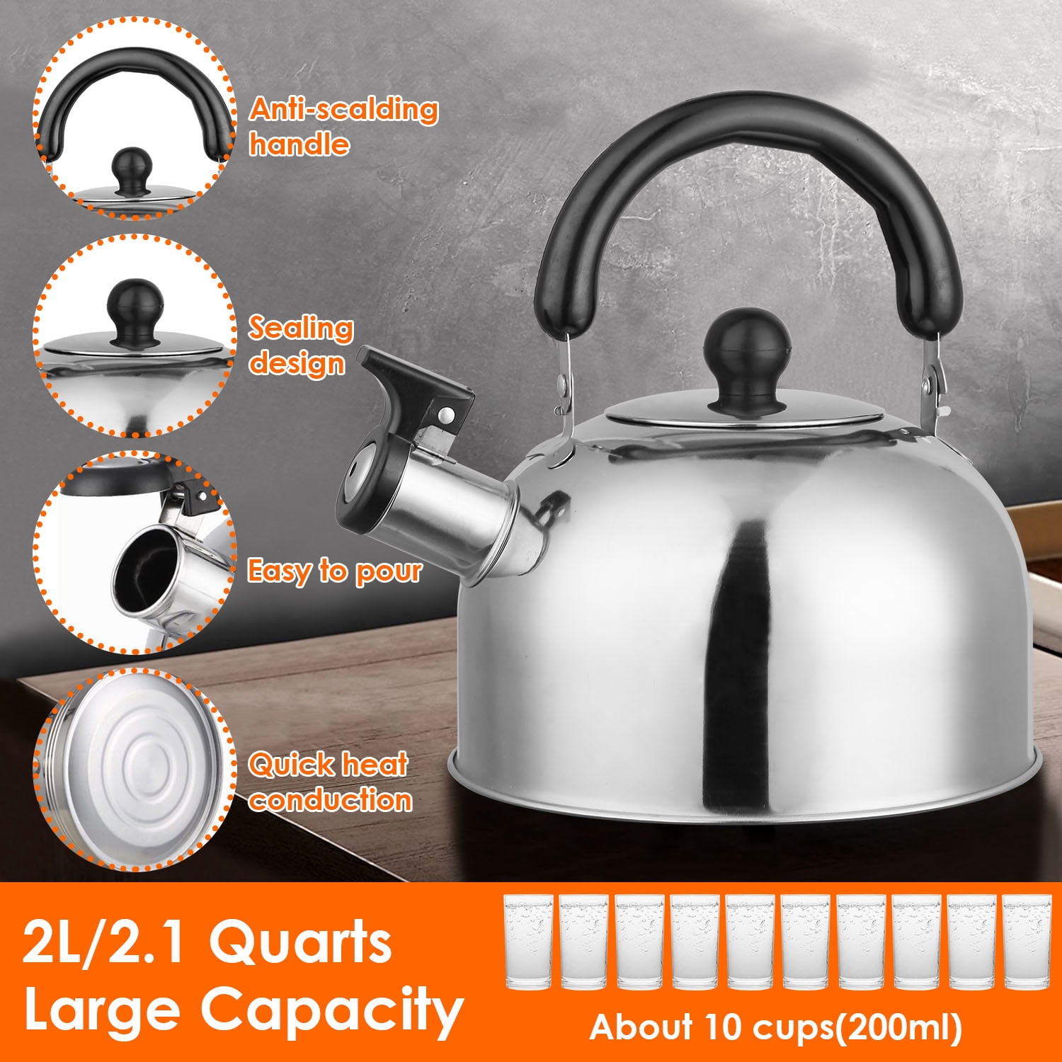 2.1 Quart Stainless Steel Whistling Kettle, Heat Insulated Handle Fast Heating Tea Kettle, Compatible with All Stoves for Kitchen Camping Office