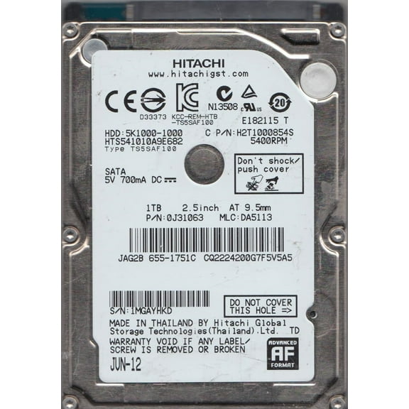HTS541010A9E682, PN 0J31063, MLC DA5113, Hitachi 1TB SATA 2.5 Hard Drive