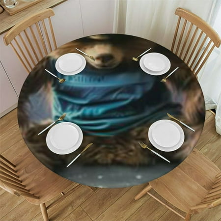 Fitted Round Tablecloth with Sloth Galaxy Waves Circle Tablecloth Waterproof Wipeable Oil Cloth Tablecloth
