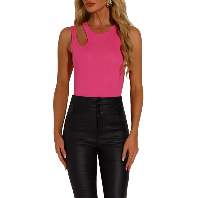 INSPIRAR CHIC Mono sin mangas de cuello redondo con corte en los hombros, dorado, brillante y acanalado en color rosa intenso