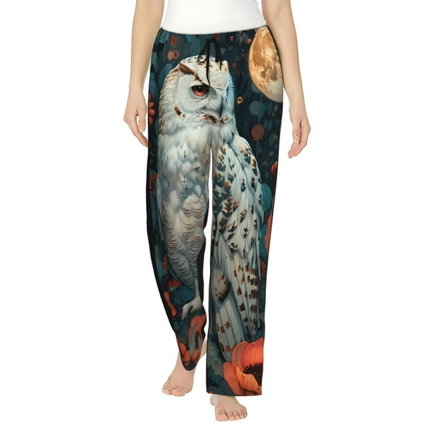 Balery Moon Flower White Owl Pantalones de pijama para mujer, pijamas ultraligeros, pantalones de estar por casa-3X-Large