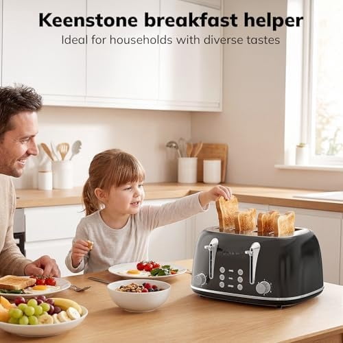 Toaster 4 Slice, Retro Stainless Steel Wide Slot Toaster with Dual Independent Controls, 6 Browning Levels, Bagel, Defrost, Reheat & Cancel, Removable Crumb Tray, Black