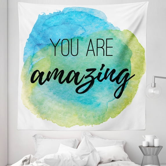 Saying Tapestry, You are Inspirational Words on Watercolor Painbrush Design Print, Fabric Wall Hanging Decor for Bedroom Living Room Dorm, 5 Sizes, Sky Blue Green, by Ambesonne