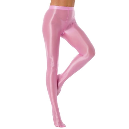 Eandarui Woman Shiny Oil Glossy Footed Pantyhose Tights Leggings Shimmery Hold Up Stockings Lingerie Pink M